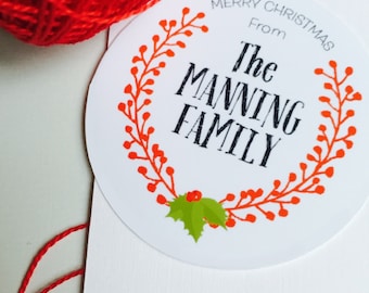 Personalized Laurel and Holly Holiday Gift Tags or Stickers | Christmas Tags or Stickers