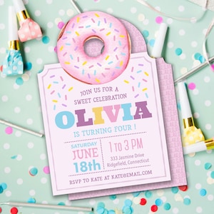 Donut Party Invite | Custom Personalized Die Cut Party Invitation | Donut Party Theme Invite | Birthday Invitation for a Donut Party