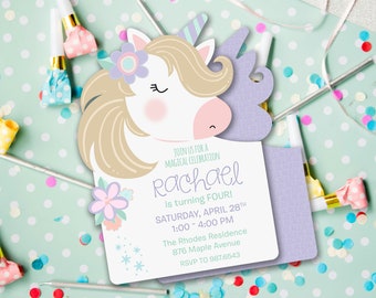 Puede incluir: Una invitación de cumpleaños de unicornio de color morado y blanco con una ilustración de unicornio, flores y el texto "Join us for a magical celebration Rachael is turning FOUR! Saturday, April 28th 1:00 - 4:00 PM The Rhodes Residence 876 Maple Avenue RSVP to 987.6543"