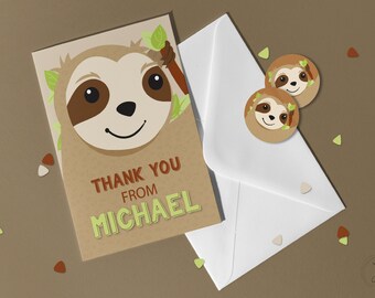 Sloth Theme Note Card | Personalized Birthday Thank You Cards for Kids and Matching Round Stickers