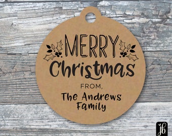 Personalized Merry Christmas Kraft Brown Gift Tag or Sticker | Christmas Tags or Stickers