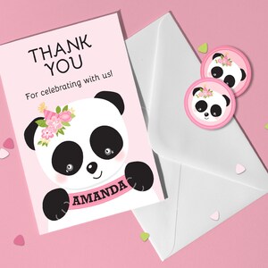 パンダの誕生日パーソナライズサンキューカード、子供向けパンダパーティーサンキューカード、お揃いの丸型ステッカー