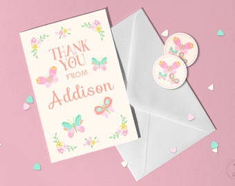 Butterfly Theme Note Card | Personalized Birthday Thank You Cards for Kids and Matching Round Stickers