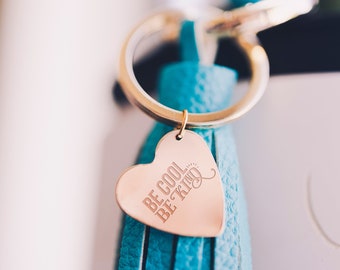 Be Cool Be Kind Pendant Keychain | Gold Filled or Brass Heart Faux Leather Tassel Keychain