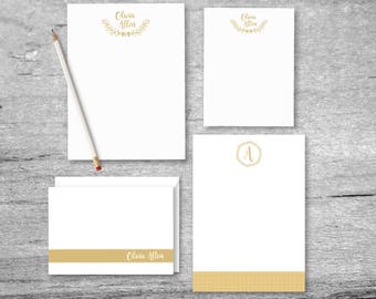 Gold Laurel Personalized Stationery Set: Notepads & Cards