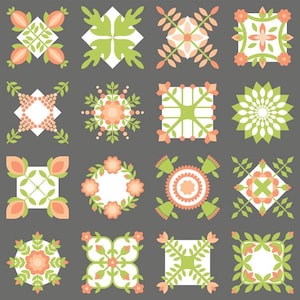 Może przedstawiać: Kolekcja dwudziestu pięciu kwiatowych i geometrycznych wzorów w odcieniach brzoskwini, zieleni i bieli na szarym tle. Wzory obejmują kwiaty, liście i kształty geometryczne, ułożone w kwadratowe i okrągłe wzory.