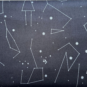Może przedstawiać: Tkanina w kolorze ciemnoniebieskim z białym wzorem konstelacji. Tkanina charakteryzuje się powtarzającym się wzorem gwiazd i konstelacji.