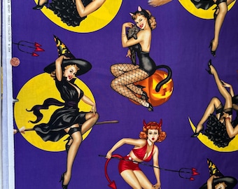 Bewitched Pin Up Girl Witches by Alexander Henry Fabrics - Halloween Novelty Fabric - One Yard