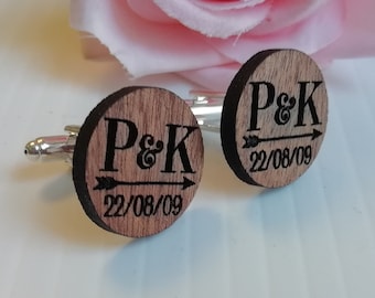 Personalised Mahogany Wooden Cufflinks – Engraved Wedding Gift