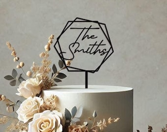 Hexagon Name Cake Topper: Personalised Elegance for Weddings & Anniversaries Cake Topper In Black - Modern Geometric - Weddings - Birthdays