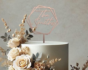 Personalised Name Hexagon Style Cake Topper In Mirrored Rose Gold - Modern Geometric - Weddings - Birthdays - Gift