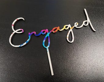Engaged Cake Topper with Colour Splash - Water Colour Style - Modern, Colourful