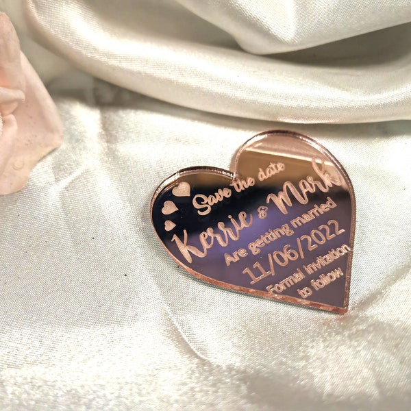 Rose Gold Wedding Save The Date Magnets Mirror Acrylic Heart Style