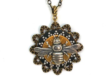 Bee Necklace - Steampunk Bee Clock Pendant - Insect Jewelry - Unique Bee Pendant - Garden Jewelry - Bridesmaid Jewelry - Bee Clock Necklace