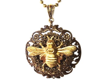 Steampunk Bee Pendant - Bee Necklace - Victorian Brass Filigree Bee Pendant - Unique Bee Pendant-Necklace - Unique Steampunk Jewelry