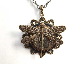 Steampunk Dragonfly Necklace - Dragonfly Clock Pendant- Unique Steampunk Pendant -  Unique Steampunk Jewelry - Original Limited Edition
