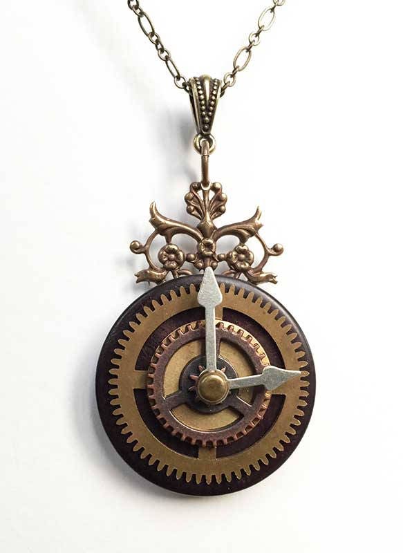 Unique Steampunk Clock  Pendant Interactive Jewelry Interactive Steampunk Gear Necklace Victorian Clocks Unique Steampunk Jewelry