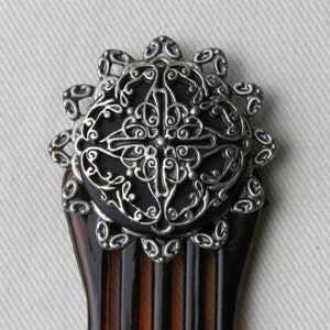 Hair Comb - Celtic Hair Comb - Silver Celtic Cross on Silver Filigree with black button