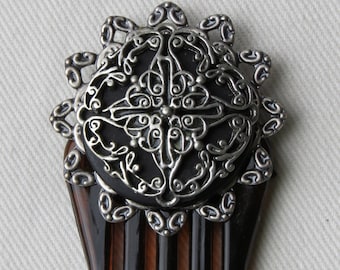 Haarkamm - Keltischer Haarkamm - Silbernes Keltisches Kreuz auf Silber Filigran mit schwarzem Knopf