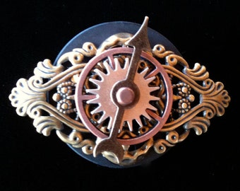 Steampunk Compass Badge with moving Spinner - Unique Steampunk Pin - Steampunk Compass Pin - brass, mixed metals, moving parts