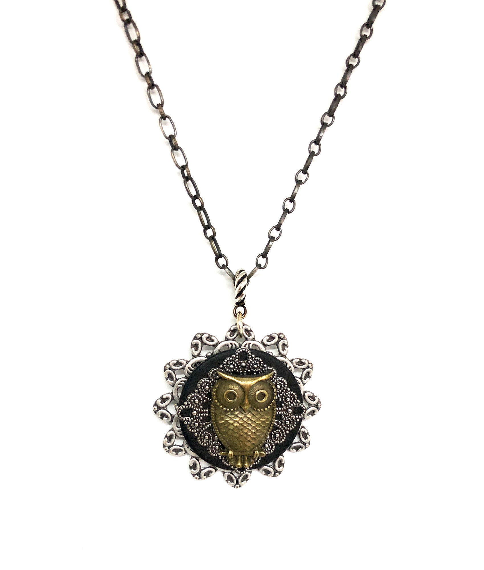 Owl Necklace - Brass Owl Pendant - Bird Jewelry - Unique Owl Pendant - Garden Jewelry - Bridesmaid Jewelry - Steampunk Owl Pendant