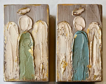 Angel on painted wood, Heavy Texture Painting 4x6 hand painted on wood, choice of color