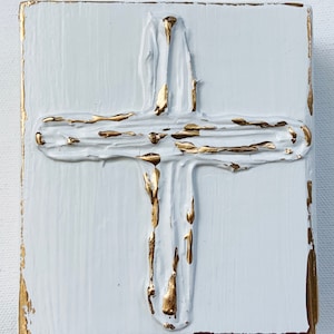 Cross, heavy texture on wood, 4x4, hand painted, white and gold