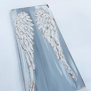 Angel Wings, heavy texture, hand painted, 8x16 on wood, gold metallic, whites and grays