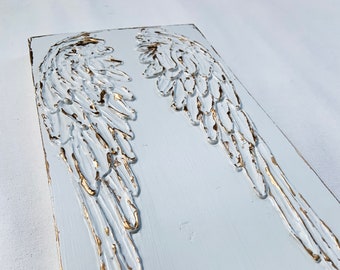 Angel Wings, heavy texture, hand painted, 8x16 on wood, gold metallic, whites and gold