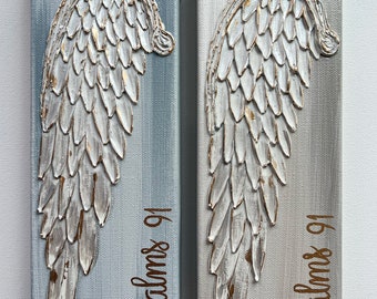 READY TO SHIP!! Angel  Wing on canvas, texture paint, gold accent, Psalm 91, 4x12