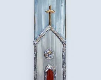 Church, 4x16 on wood, heavy texture, hand painted, metallics, grays and red