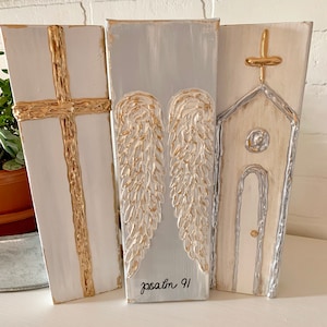 Gift Trio Set, Cross, Wings and Church, hand painted heavy texture