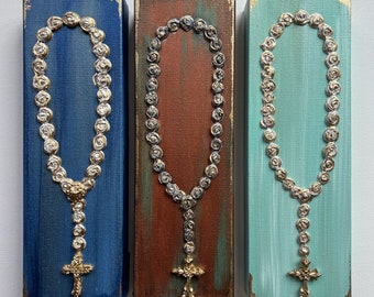 READY TO SHIP!!! Rosary, Cross, necklace, silver, gold, aged, metallic, 4x12, heavy texture on canvas