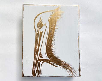 READY TO SHIP!  Pelican, hand painted on wood, white and gold, 6x8