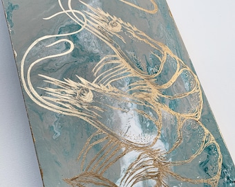 Shrimp painting, hand painted, gold, white, green, taupe, 10x20