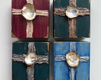 READY TO SHIP!  Cross, heavy texture on wood with oyster, 4x4, hand painted, gold