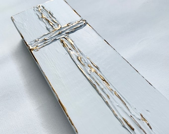 White and Gold Cross on painted wood, Heavy Texture Painting 4"x12", hand painted