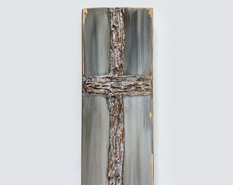 Cross, heavy texture, hand painted, on wood, 4x16, grays, blues, copper, gold