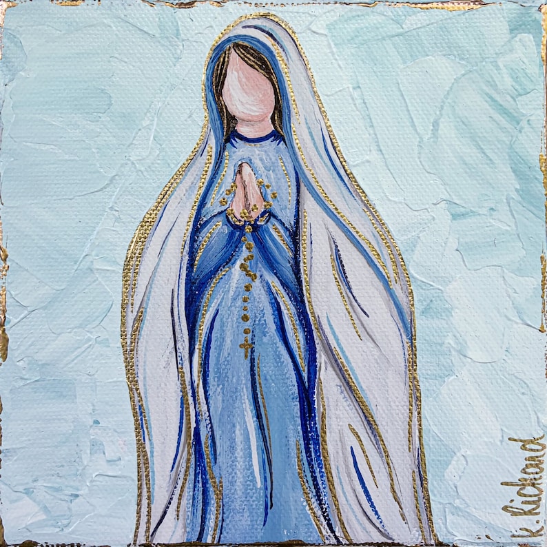 Mother Mary with Rosary painting, 6x6, hand painted image 1