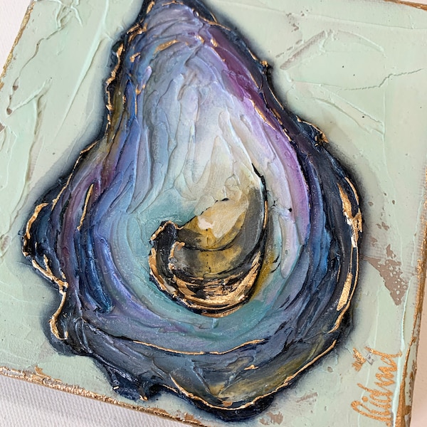 Oyster Shell Knife Painting, The Louisiana Collection, 6"x6", gold leafing with heavy texture