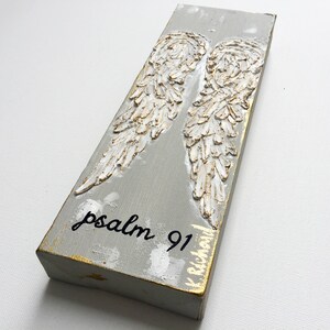 Free Ship, Angel Wings on canvas, texture paint, gold, white, Psalm 91, 4x12