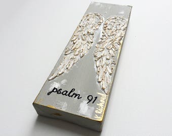 Free Ship, Angel Wings on canvas, texture paint, gold, white, Psalm 91, 4x12