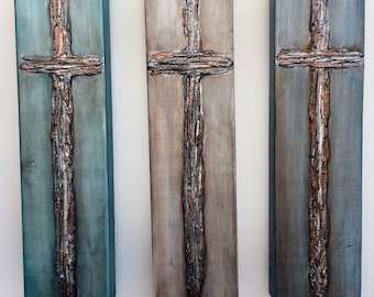 Heavy texture paint aged cross on wood, 4x14