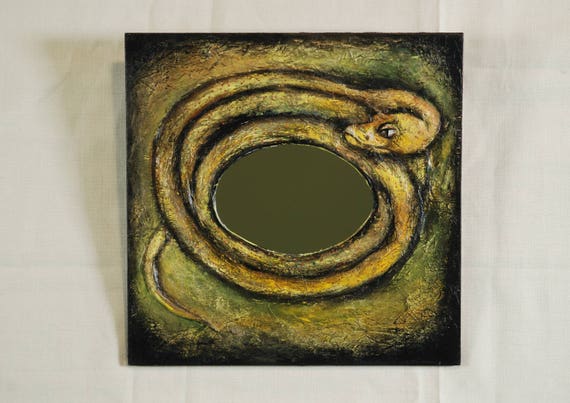 Decoupaged Wooden Frame Mirror Snake Hand Painted Image 0