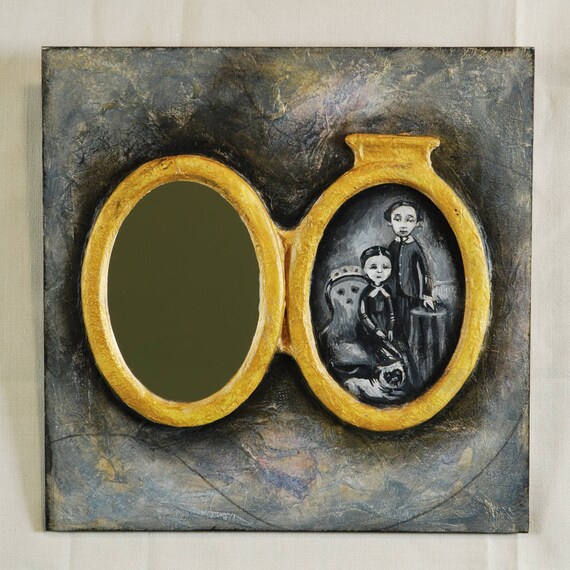 Wall Mirror Hand Painted Decoupaged Wood Framed Decorative Decor Family Portrait Pendant