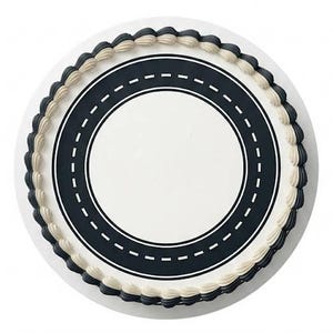 May include: A round cake with a white base, decorated with a black road design and dotted white lines. The edge is trimmed with alternating black and beige frosting swirls, creating a festive look.