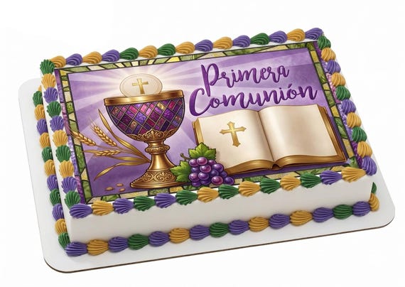 Primera Communion Edible Cake Topper, Spanish Chalice Bible Frosting Sheet ~ D24092