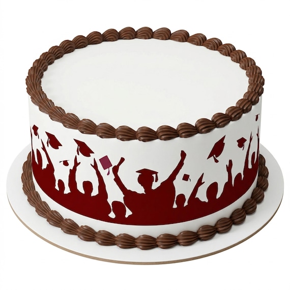 Maroon Graduation Cap Toss Silhouette Edible Cake Side Strip, Commencement Frosting Sheet Image, Grad Party Decor ~ D24745