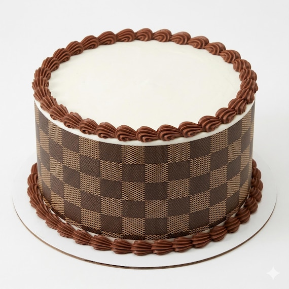 Brown Checkered Damier Pattern Edible Cake Side Strips, Designer Inspired Frosting Sheet Wrap, Luxury Birthday Cake Decoration ~ D24676