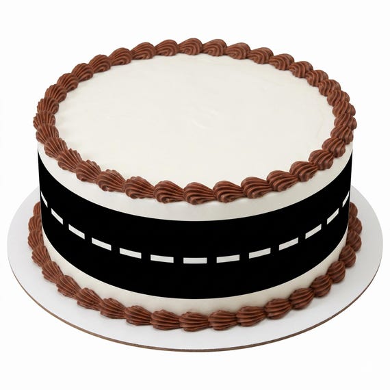 Black Road Highway Edible Cake Side Strips, White Dashed Lane Line Frosting Sheet Wrap Borders, Racing Cars Party ~ D24672